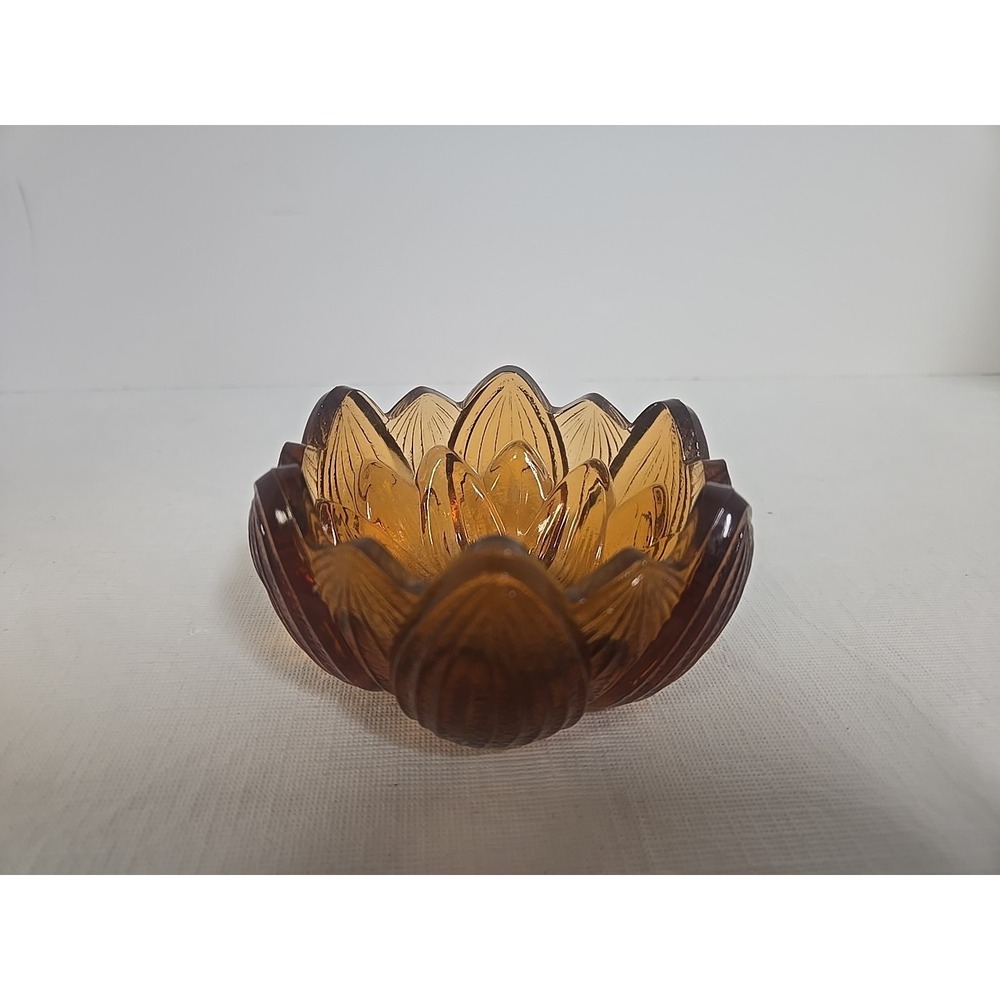 Fenton Amber Glass Lotus Flower Bowl Marked Logo Scalloped Petal Candy Dish